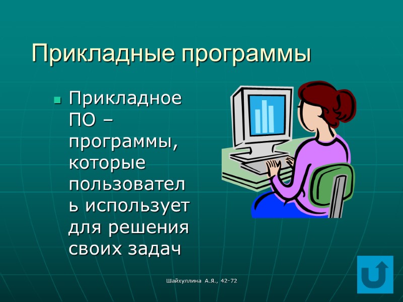 Шайхуллина А.Я., 42-72 Прикладные программы Прикладное ПО – программы, которые пользователь использует для решения